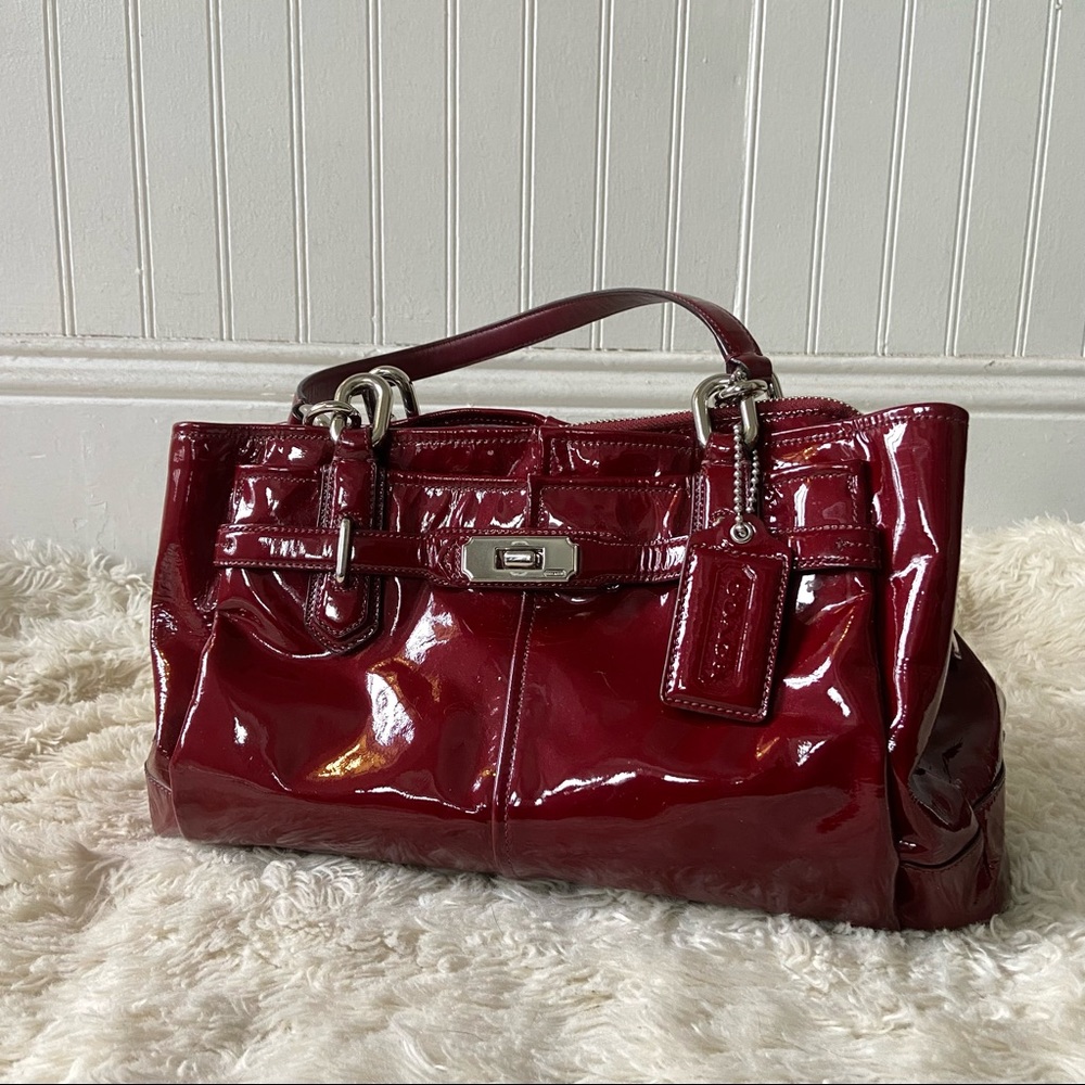 ￼SOLD ON MERCARI Coach Chelsea Jayden Red Burgundy Patent Leather Satchel Tote